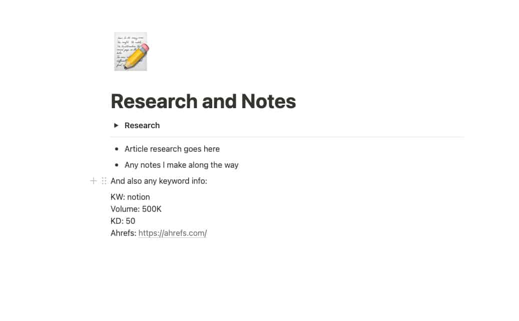 Article research example in Notion