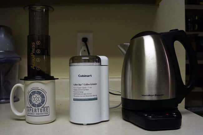 My coffee setup - electric kettle, grinder, Aeropress