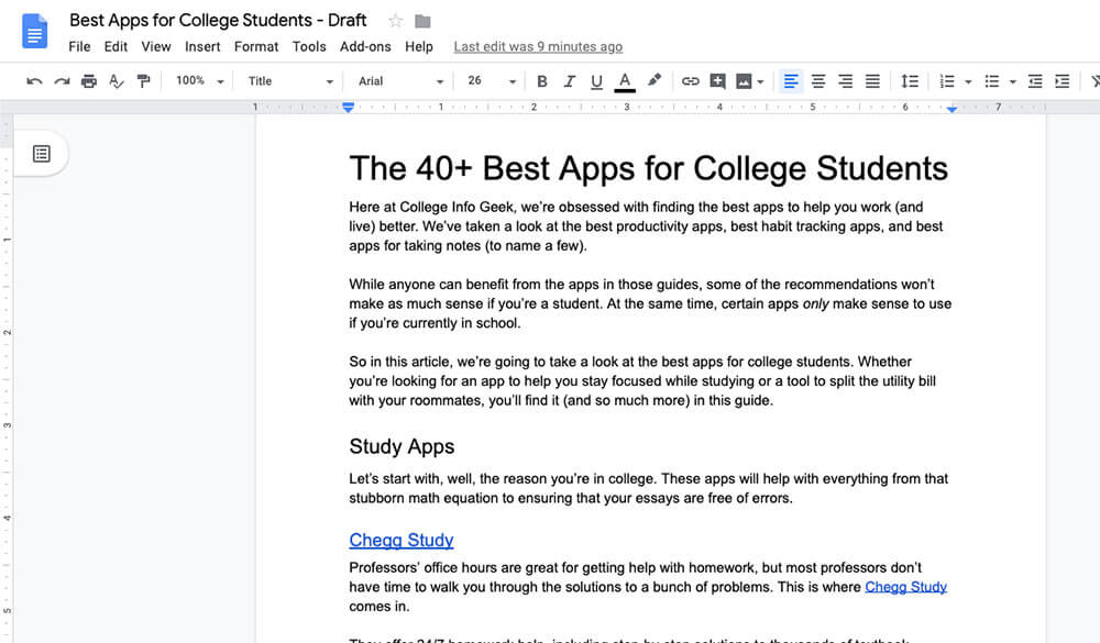 Best apps for college students article open in Google Docs