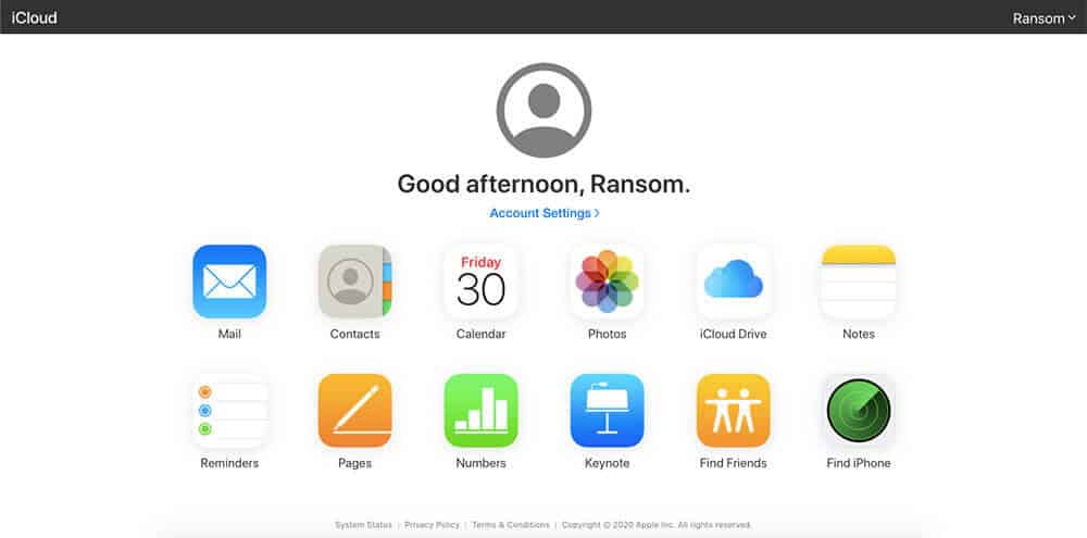 iCloud app home page screenshot