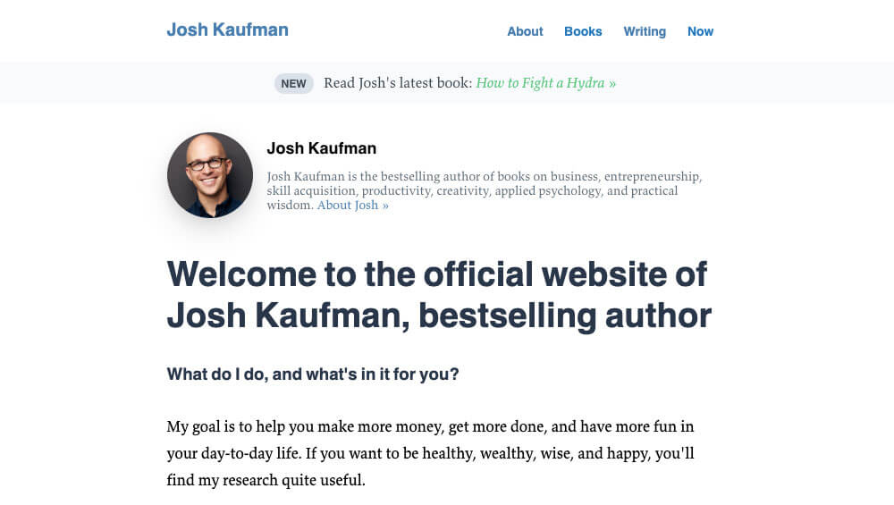 Josh Kaufman personal website home page