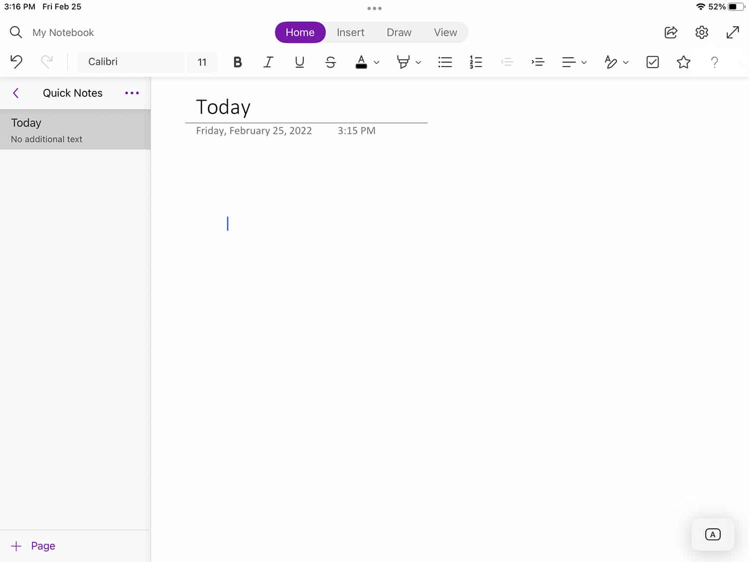 Taking a note in the Microsoft OneNote iPad app
