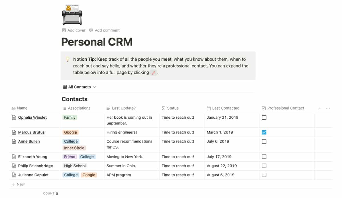 A personal CRM template in Notion.