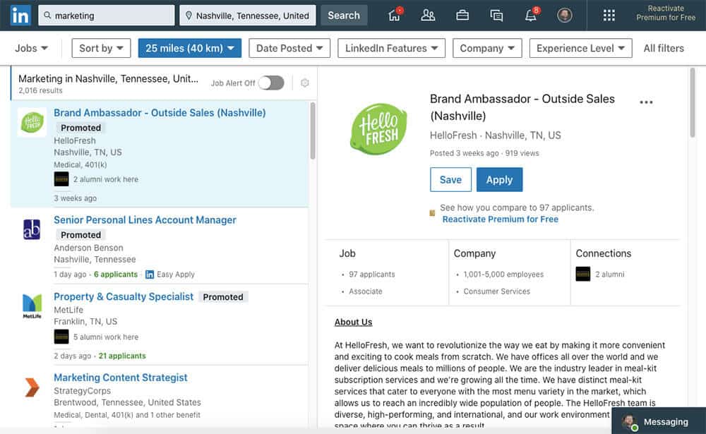 Searching LinkedIn for marketing jobs in Nashville